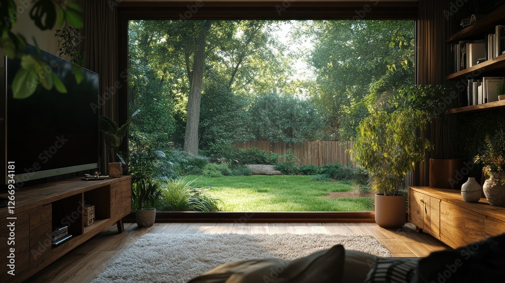 Bright Living Room Overlooking Serene Green Garden, for relaxation and comfort