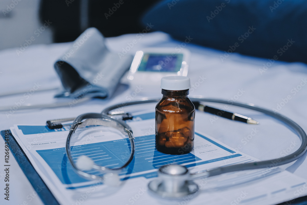 Obraz premium stethoscope on a report stethoscope on a clipboard stethoscope on a book