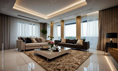 Luxurious modern living room interior design with large windows, beige sofas, and a stylish coffee table.