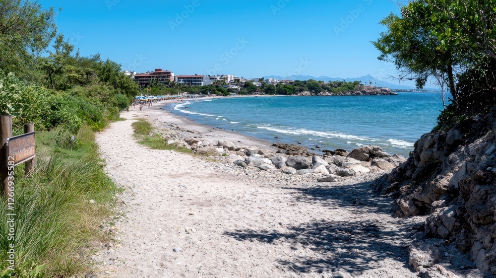 Coastal Beach Path on Sunny Day, Perfect for Relaxation or Travel Coastal Beach Path on Sunny Day, Perfect for Relaxation or Travel