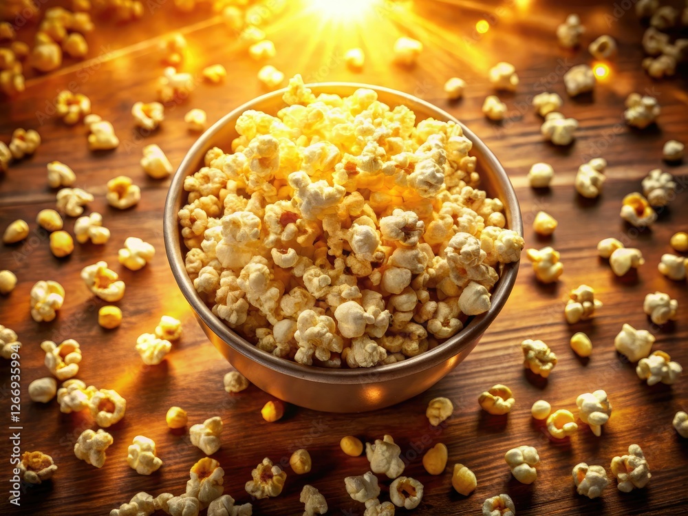 Crispy, buttery popcorn fills a bowl, a delicious cinematic snack from above. Crispy, buttery popcorn fills a bowl, a delicious cinematic snack from above.