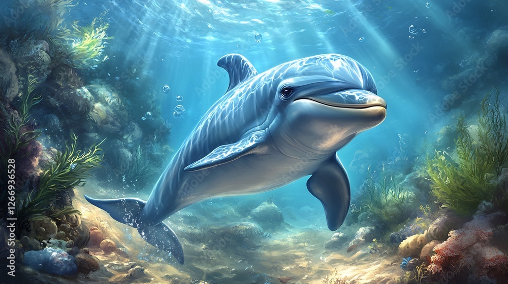 Fototapeta premium Playful Dolphin Swims in Sunlit Coral Reef. AI Generated