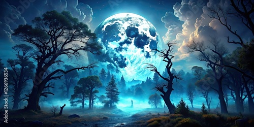 Wallpaper Mural Dark forest, moonlit night.  Silhouetted trees against a cloudy sky, a haunting landscape. Torontodigital.ca