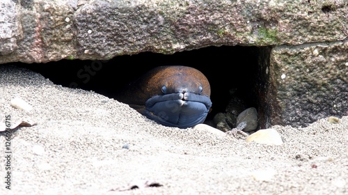 Coastal eel peeking from sandy crevice, stone wall background photo