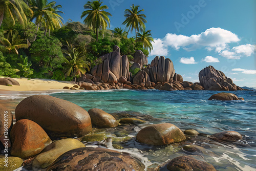 Sea beach with wave and crystal clear water wide shot photography, palm tree and rock coastline under a cloud blue sky. Perfect peaceful paradise island landscape for travel in beafutiful nature photo