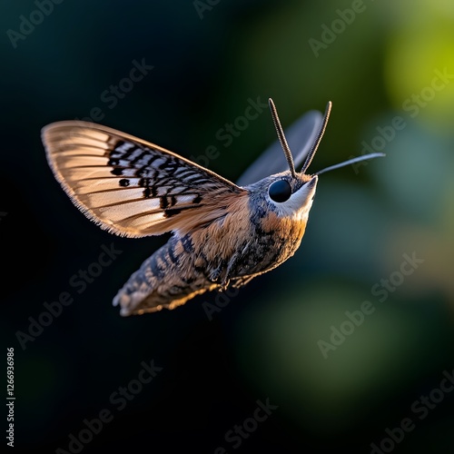 Hawk moth in flight, garden background, nature photography photo