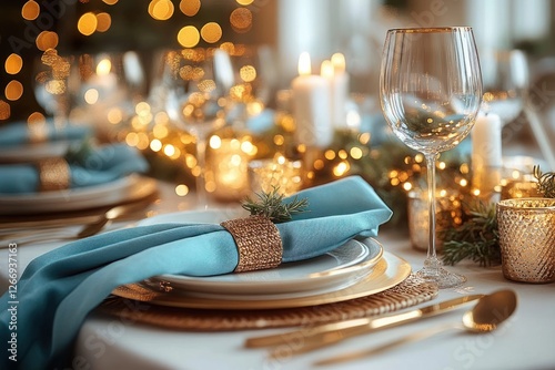 Elegant Table Setting for Christmas Dinner Celebration with Turquoise Napkins Golden Cutlery Cozy Candles