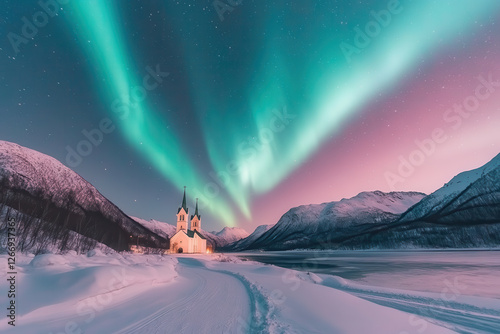 Northern lights over a snow-covered church in a winter landscape, breathtaking aurora borealis