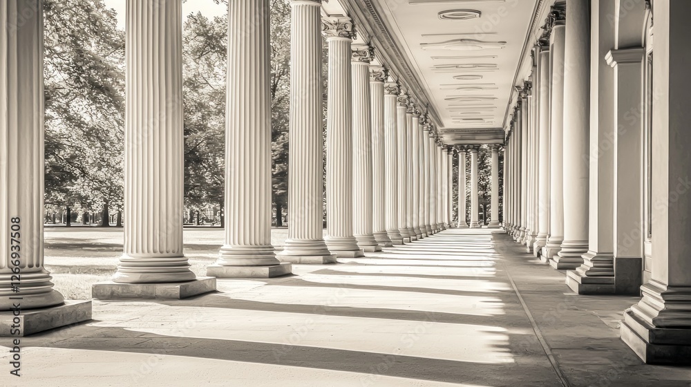 Fototapeta premium Ancient colonnade walkway, sunlight on columns, park in background, archival style