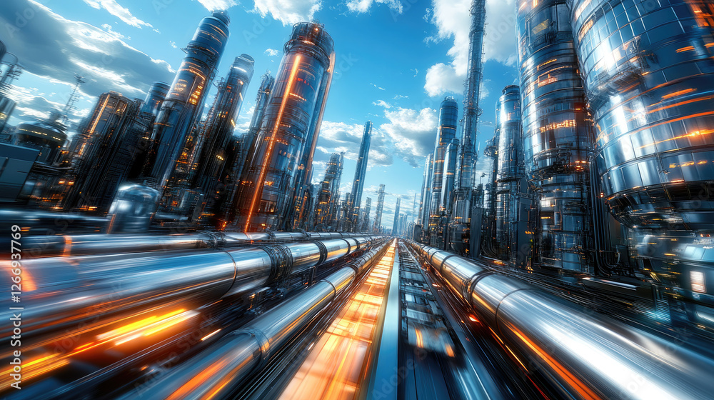 Fototapeta premium Energy Reuse and Renewable Energy，a high-tech renewable energy recovery system, seamlessly integrating with towering wind turbines and expansive solar panels in the distance. this advanced setup repre