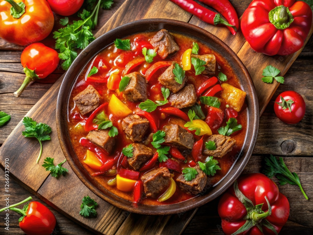 Drone shot reveals a hearty Mediterranean stew, its vibrant hues contrasting with the warm wood. Drone shot reveals a hearty Mediterranean stew, its vibrant hues contrasting with the warm wood.