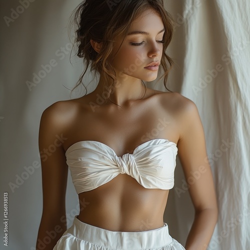 Fashion portrait of a beautiful woman in white strapless top with natural light and blurred background in minimalistic style