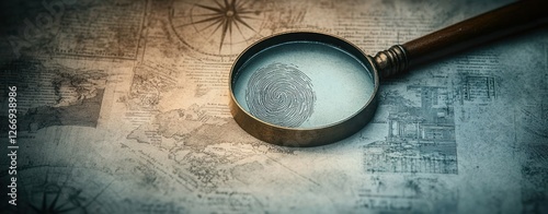 Antique Police Investigation Scene with Magnifying Glass Fingerprint and Vintage Elements