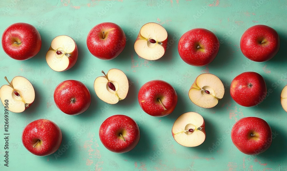 Vibrant Red Apples Slices Fresh Fruit Composition on Mint Green Background Vibrant Red Apples Slices Fresh Fruit Composition on Mint Green Background