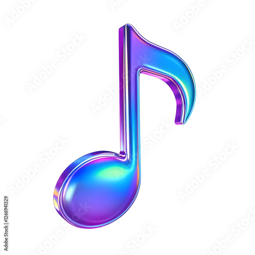 A futuristic 3D-rendered music note icon, glowing slightly with a neon gradient effect. The note