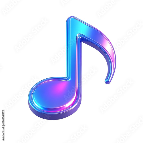 A futuristic 3D-rendered music note icon, glowing slightly with a neon gradient effect. The note