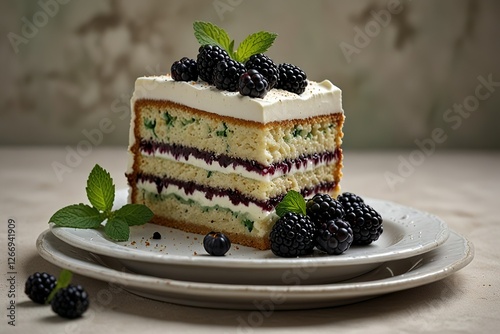 Wallpaper Mural Piece of layered creamy, crumbly, juicy cake with mint, blackberries on a soft daylight background. Food template for restaurant menu business. Romantic sweet gift. Tasty luxury expensive present.	 Torontodigital.ca