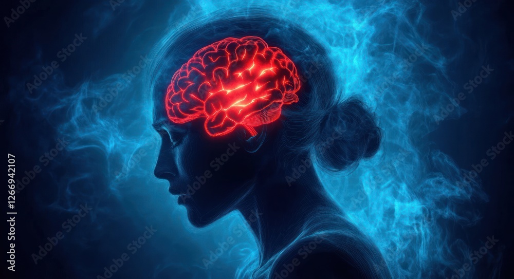 Human Silhouette in Anguish with Glowing Red Brain Surrounded by Ethereal Blue Light Human Silhouette in Anguish with Glowing Red Brain Surrounded by Ethereal Blue Light