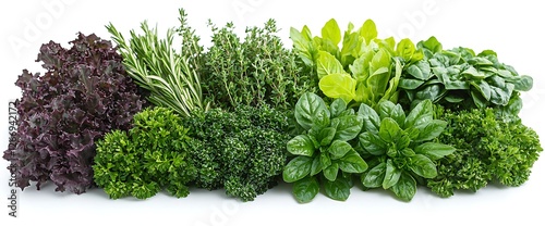 Fresh herbs assortment, studio shot, white background, cooking ingredient