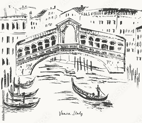 Hand drawn Venice architecture panorama urban sketch with Rialto bridge.