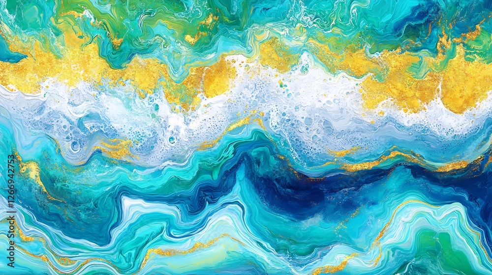 Obraz premium Abstract Fluid Art Vibrant Teal Gold Swirls. AI Generated