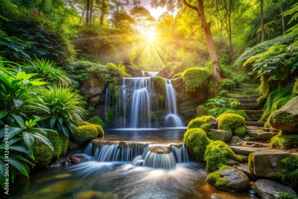 Naklejka premium Lush greenery frames a serene waterfall. Vintage photo captures tranquil nature's flowing beauty.