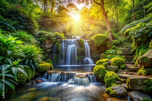 Lush greenery frames a serene waterfall. Vintage photo captures tranquil nature's flowing beauty.