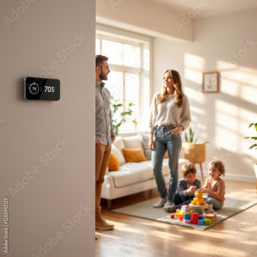 Smart Home Family Time. Parents and children gather in a modern living room with smart thermostat display showing 75°F/7:05.