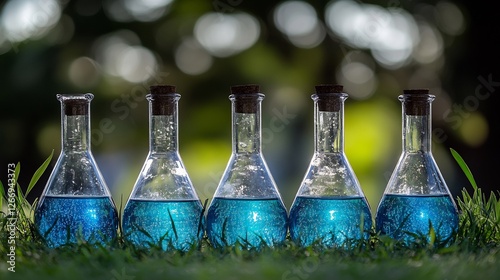 Serene blue liquid fills five beakers subtly lit outdoors. AI Generated photo