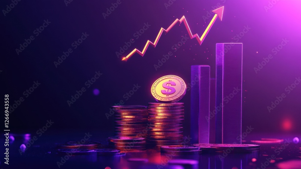 Growing gold coins stack with upward arrow and bar chart. Growing gold coins stack with upward arrow and bar chart.