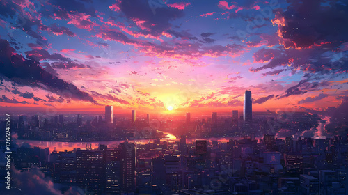 Anime Illustration of a Sunset Skyline with Industrial Buildings and Clouds