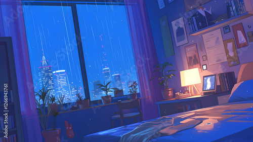 Anime Illustration of a Christmas Night Bedroom with Urban Cityscape and Architectural Details