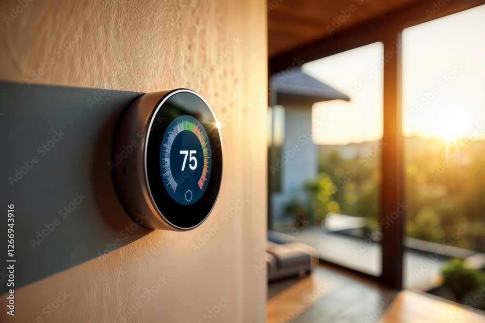 Sunset smart thermostat. Modern digital temperature control device mounted on wall with dramatic sunset lighting through window.