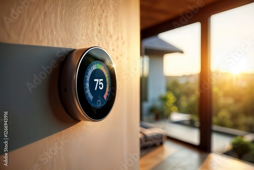 Obraz na płótnie Sunset smart thermostat. Modern digital temperature control device mounted on wall with dramatic sunset lighting through window. w salonie
