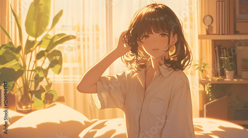 Woman Sitting on Sofa in Bedroom Looking at Phone with a Smile and Concerned Expression in Anime Illustration