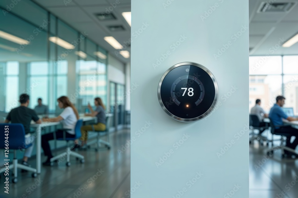 Office climate control. Modern smart thermostat in corporate office environment with blurred people working in background.