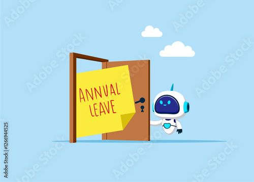 Robot opening a door to see to annual leave note. Annual leave or day off to rest from hard work, schedule reminder of annual leave. Vector illustration.