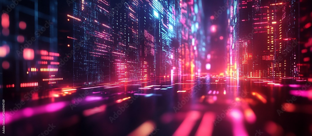 Obraz premium Futuristic cityscape with vibrant neon lights and digital elements creating a dynamic atmosphere