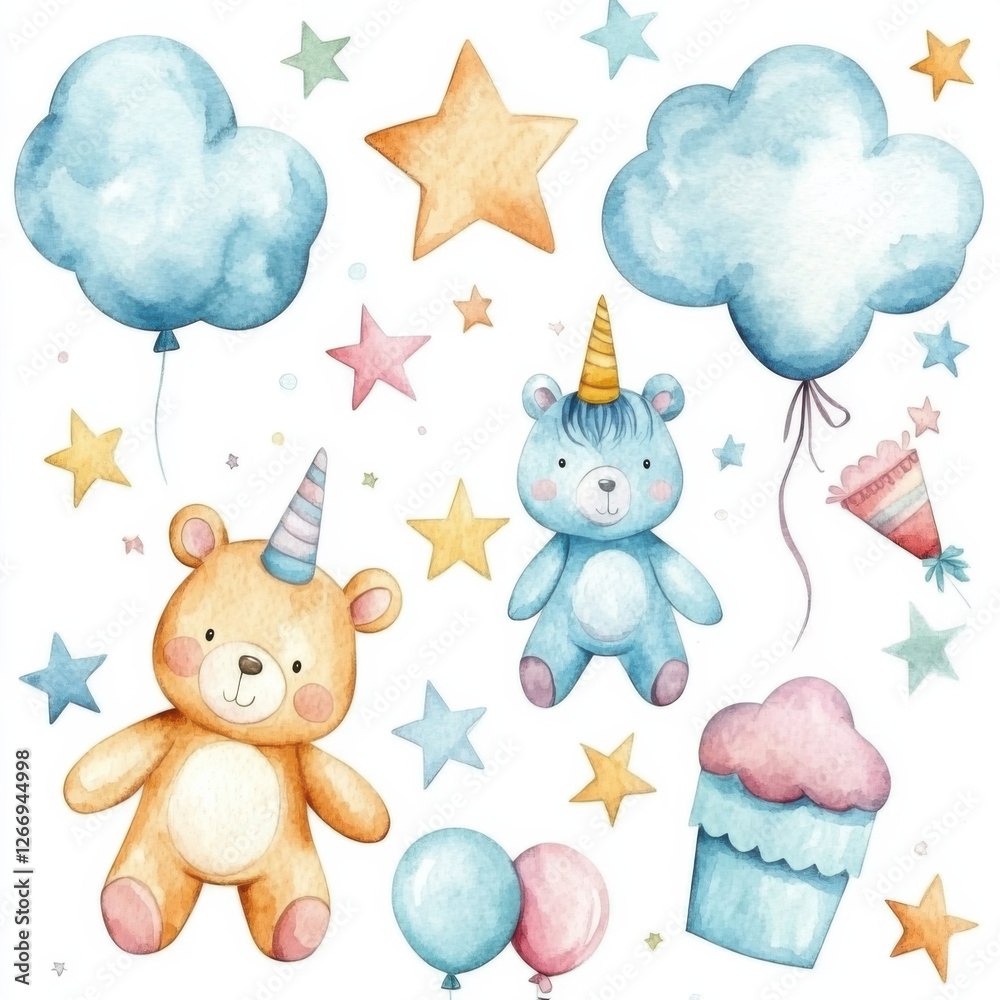 Fototapeta premium Watercolor elements for children's party, cute stars, bears, unicorns, clouds, balloons, caps, pastel shades, located on white 