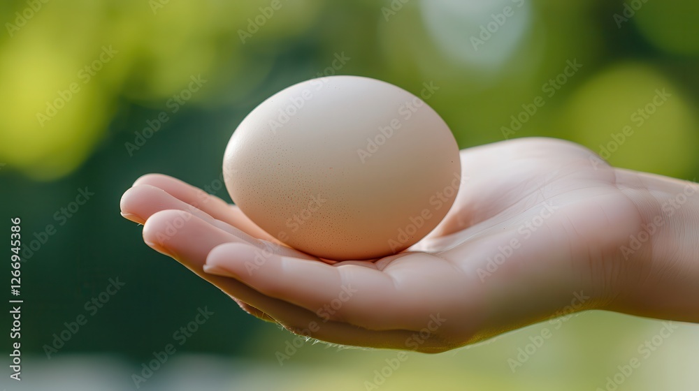Hand-picking organic eggs. A hand holds a single egg against a blurred green background. Hand-picking organic eggs. A hand holds a single egg against a blurred green background.