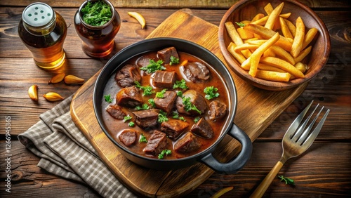 Overhead shot of delicious Belgian beef stew fries, the ultimate comfort food, perfectly photographed. photo