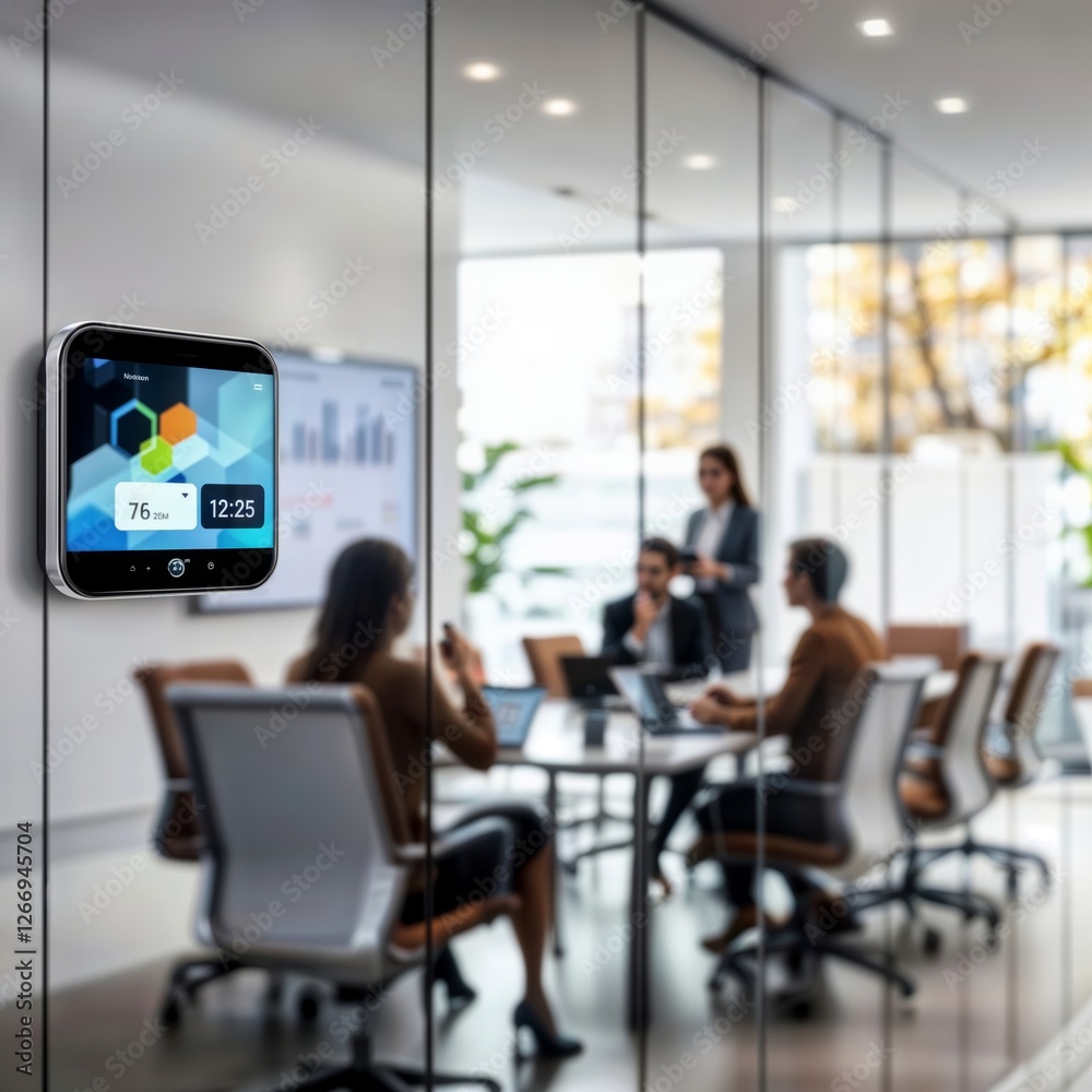 Smart Office Thermostat Control. A smart thermostat on a glass wall, displaying time and temperature, with a blurred meeting room in the background.