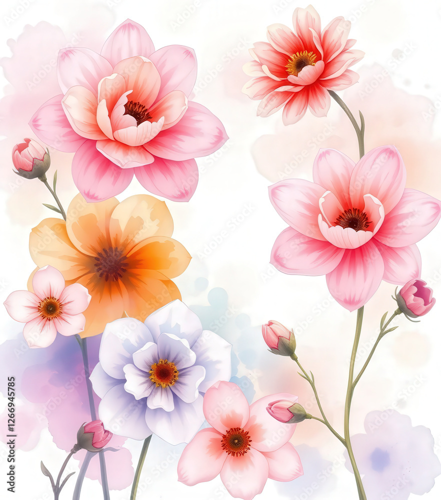 Beautiful floral illustration featuring various flowers in soft colors Beautiful floral illustration featuring various flowers in soft colors