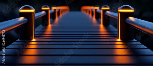 Enchanting Evening Lit Boardwalk Pier with Glowing Posts and Gentle Light Reflections on Planks