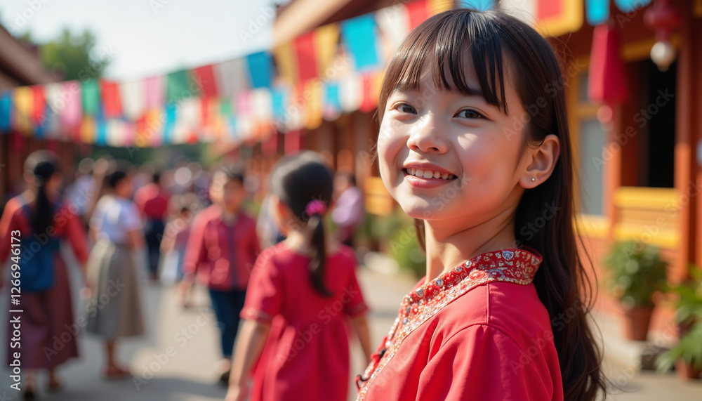 Smiling girl in red attire walking in festive street, Children's Day, blurred background Smiling girl in red attire walking in festive street, Children's Day, blurred background
