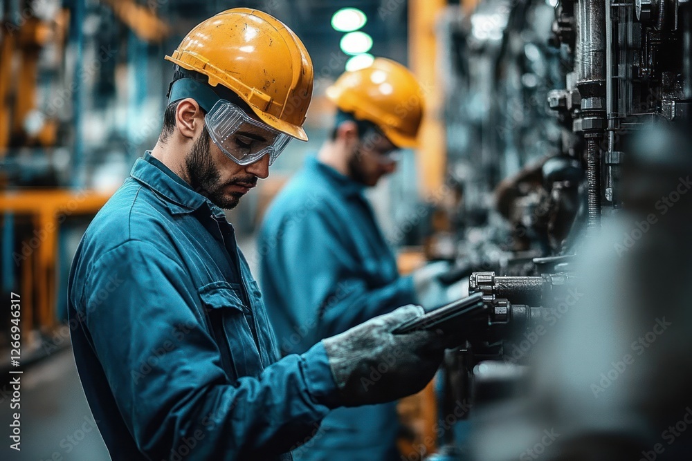 Workers in Industrial Factory Using Tools in Machine Setting with Soft Diffused Lighting Workers in Industrial Factory Using Tools in Machine Setting with Soft Diffused Lighting