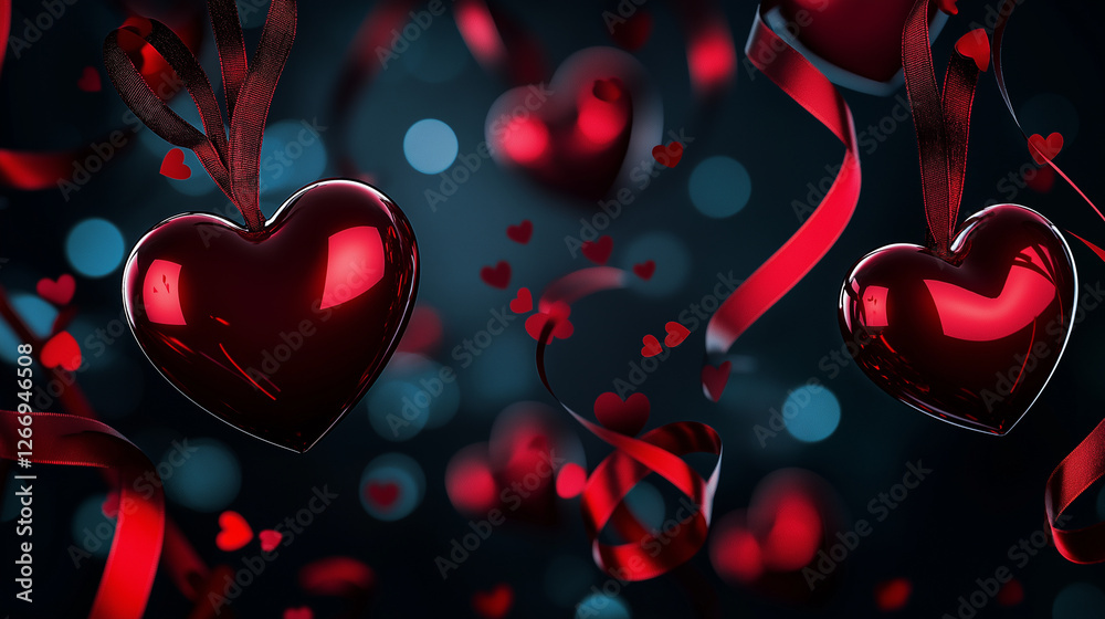 Schwebende rote Herzen und Bänder im Bokeh-Effekt vor dunklem Hintergrund. Romantische 3D-Visualisierung mit leuchtenden Elementen und weichen Unschärfen im Low-Key-Stil Schwebende rote Herzen und Bänder im Bokeh-Effekt vor dunklem Hintergrund. Romantische 3D-Visualisierung mit leuchtenden Elementen und weichen Unschärfen im Low-Key-Stil