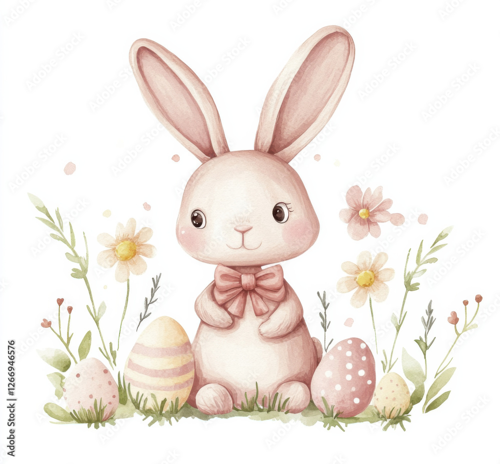 Obraz premium Cute Easter bunny with a bow, surrounded by flowers and Easter eggs, in pastel colors, in a clipart style, isolated on a white background. Watercolor