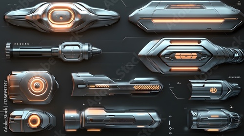Futuristic Sci Fi Weaponry Collection Metal Orange Lights High Tech Design Elements
