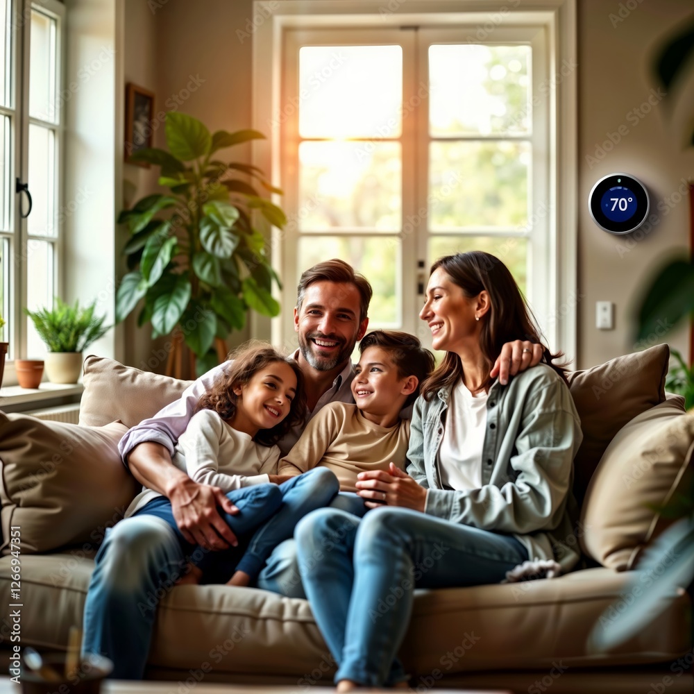 Family smart home comfort. Happy family relaxing on couch while smart thermostat maintains perfect temperature in their cozy living room.